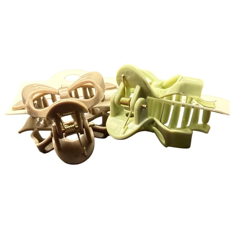 Set of 2 Matte mini Bow Hair Clips‎ Sage Green and Tan Beige Ribbon Style Clips